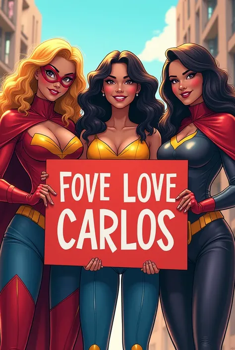 Several superheroines holding a sign that says "I love Carlos"