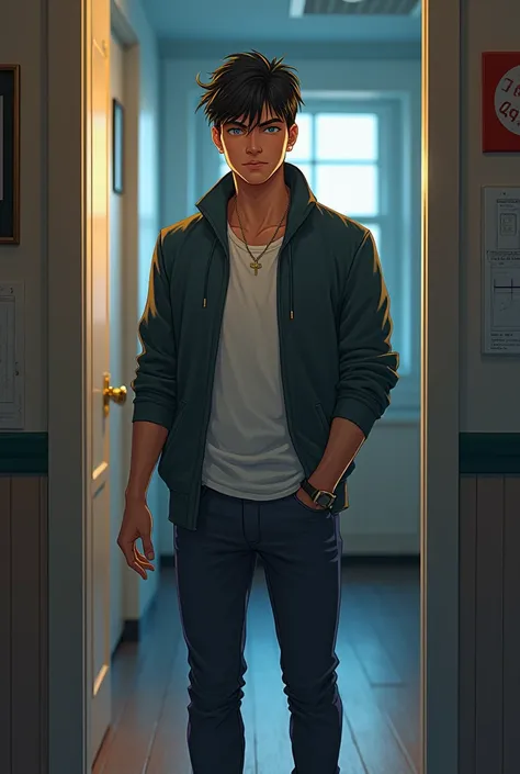 A 1 guy, highschool/University student, handsome, black hair, pale skin, blue eyes, standing in a door room, casual clothes, cocky smile, rival, enemy 