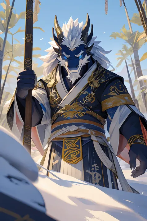 best quality，Ultra HD，Second Dimension，Very strong body，Close perspective，The most exquisite eyes［The most exquisite eyes：2.1］，Stand in a snowdrift，male，Black Dragon，Has a white beard，White hair，Blue-gold eyes，White heavy ancient style Hanfu，Holding a long...