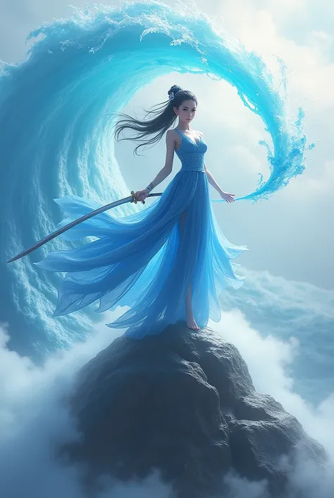 A captivating, semi-realistic illustration of a woman, reminiscent of Muichiro Tokitos female version, from Aya Yajima, standing on top of a large rock. She is dressed in a blue cheongsam open in front and close to her body, brandishing a sword which leave...