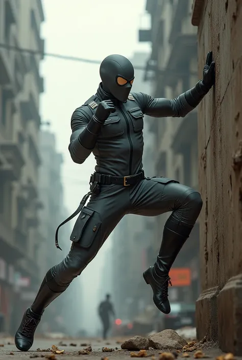 Man wear domino mask grey spandex latex cargo jumpsuit. Skinny body. Background city. Bombing background. Very epic kicking wall one leg . Jumping pose . Fighting pose. Muay Thai posing. 