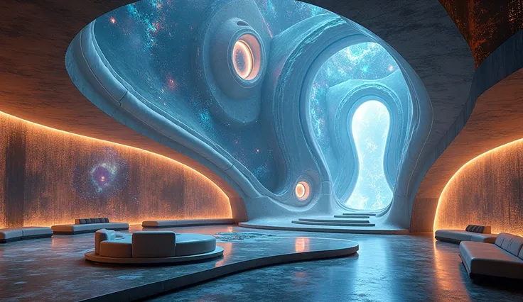 Imagine an architectural study of a futurist architect of planets and galaxies, who is the creator of a large portion of the Universe, art on walls, furniture, and all interior space is meant to reflect the creativity with which the architect has created n...