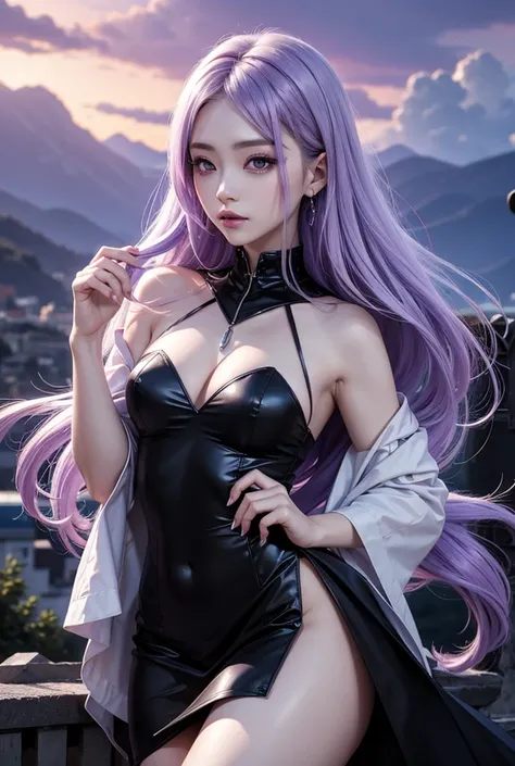 Light purple hair、Vampire Queen、Black short dress、Long Hair, High resolution, Clear skin、Purple Sky、Light blue clouds、Silver and copper、Beauty

