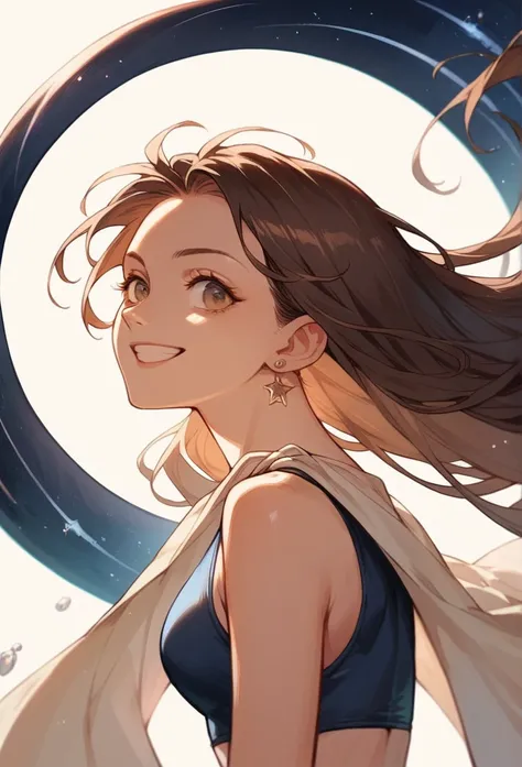 1 girl, Brown hair, from ahead, masterpiece, Long hair, fringe, earrings, smile, simple background, dressed in swimwear, Whole body, in outer space, comic style.