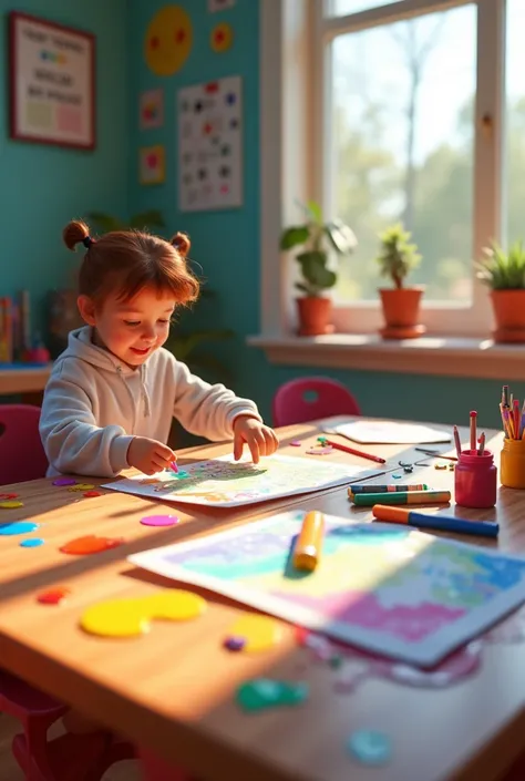 Student desk with bright colors and writing ABIGAIL AND BENJAMIN 