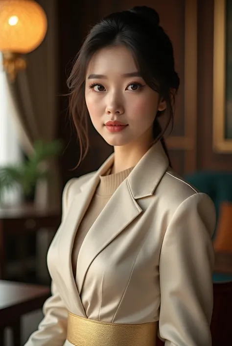 Create an image of a Chinese girl wearing elegant old money style clothing. She should exude sophistication and grace, with her hair styled in a classic and refined manner, such as in soft waves or a sleek updo. Her eyes should be perfect, the best eyes, d...