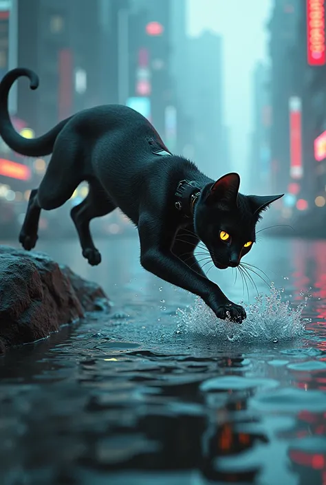 Cat catching fish in near the river in cyberpunk style