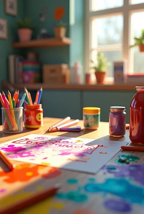 Student desk with bright colors and writing ABIGAIL AND BENJAMIN 