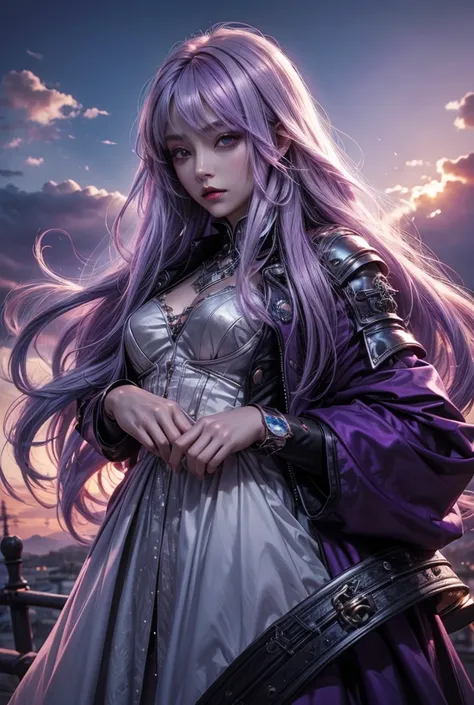 Light purple hair、Vampire Queen、Long Hair, High resolution, Clear skin、Purple Sky、Light blue clouds、Silver and copper、Beauty

