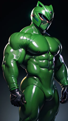 Green LaTeX moan face LaTeX Helmet Smooth Costume LaTeX over growing bigger monster Huge muscles chest Only greem power Ranger merge