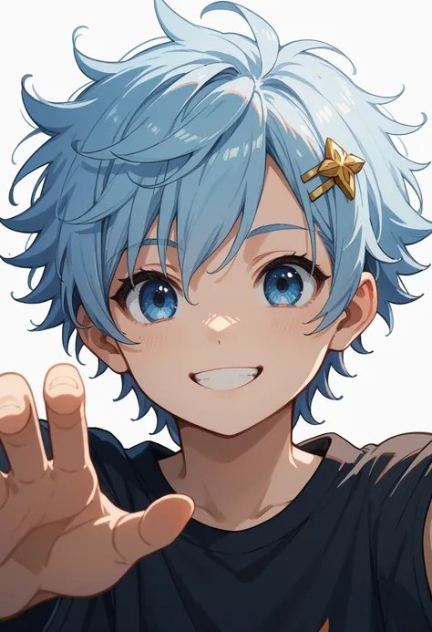 2d, boy anime, headshot, light blue hair, blue eyes, pose, render, UHD, spark, shinning, close up, pfp, light effect, cute, flat color background, anatomy correct, side pov, light, smile, messy hair, many accesories, super detail, dynamic pose, gothic styl...