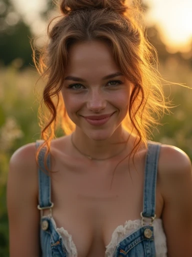 (Masterpiece.uhd.photorealistic ) ((full body)) an ultra hot gorgeous European Swedish woman.age 23. Wavy hair with bun. wearing dungarees, ((she’s totally naked under her dungarees))epic cleavage (100e size breast) (laughing). Outdoor. Early morning light...