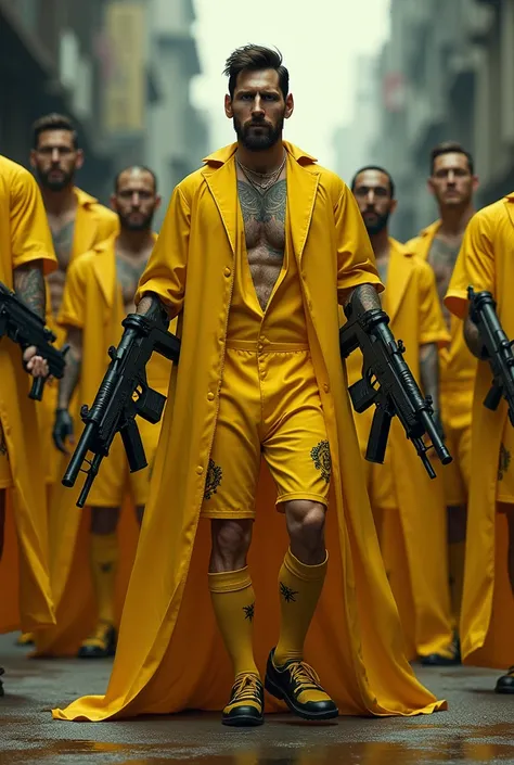 Messi is a gangster wearing yellow  dress with a big gun with some men.They also wearing yellow dress and big gun