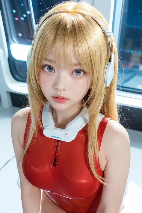 (Overhead view),dynamic angle,ultra-detailed, illustration, close-up, straight on, 1girl, 
 ((souryuu asuka langley, interface headset, red bodysuit:1.4, blonde)),Her eyes shone like dreamy stars,(glowing eyes:1.233),(beautiful and detailed eyes:1.1),(expr...