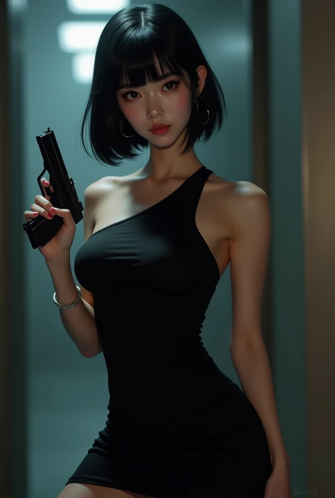 Female agent wearing a black one-shoulder dress ,Korean , Hourglass figure , With a gun in hand，Headphones in the ears , She has bright black hair 