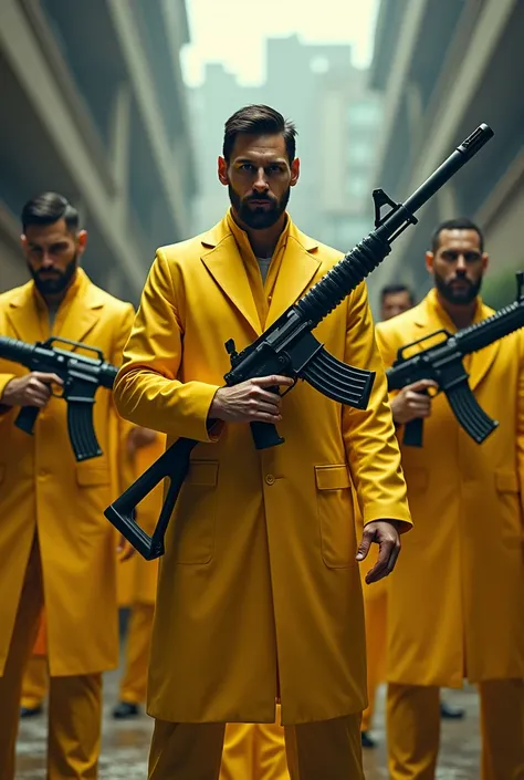 Messi is a gangster wearing yellow  dress with a big gun with some men.They also wearing yellow dress and big gun