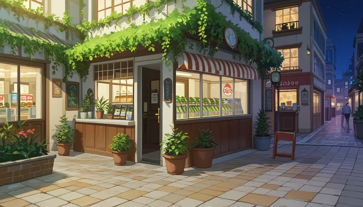  Vibrant and detailed illustration of a quaint cafe with a charming, vintage aesthetic. The building features a two-story layout with a yellow facade adorned with lush green vines and plants. , and an inviting open door leading into the store. A green awni...