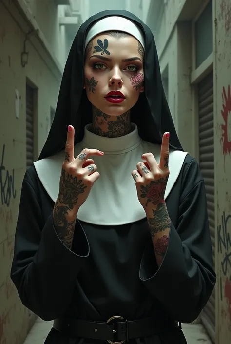 Tattooed black-haired nun making vulgar gestures 