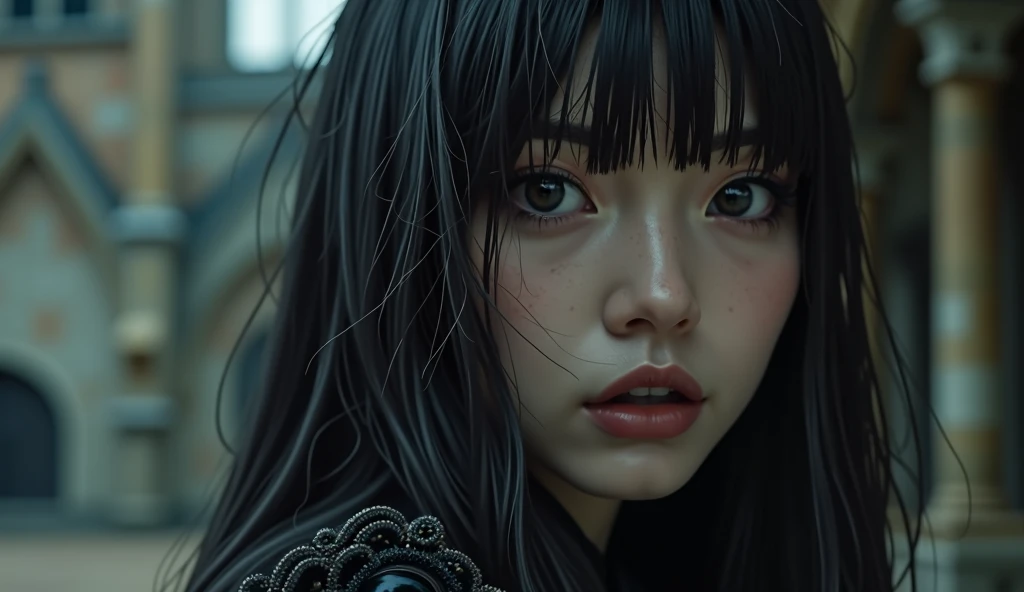 (best quality, 8k, highres, photorealistic:2.0), (solo, one girl:2.0), A highly detailed photorealistic image, half-body, a close up of a beautiful japanese woman, (long hair with bangs), dreamy gothic girl, gothic make-up, dark eye makeup, (big beady eyes...