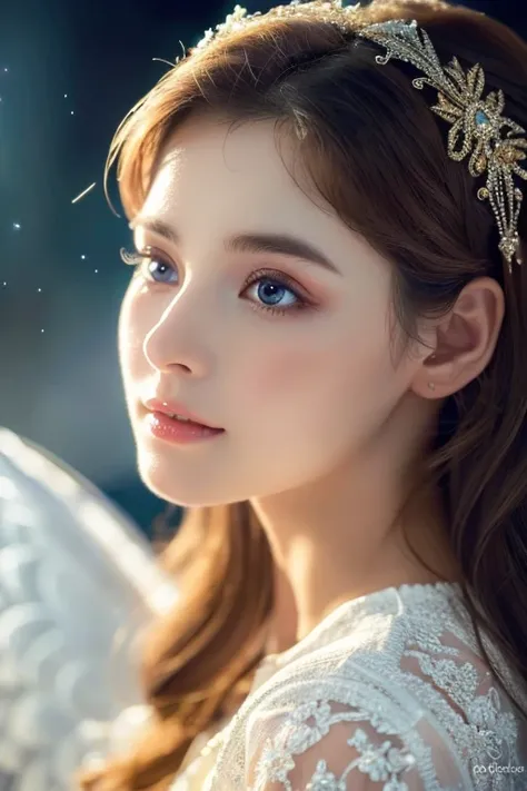 a gorgeous angel with kind eyes, beautiful detailed face, long eyelashes, flowing white dress, glowing heavenly aura, serene expression, looking directly at viewer, breathtaking intricate details, dramatic lighting, highly detailed, photorealistic, 8k, vib...