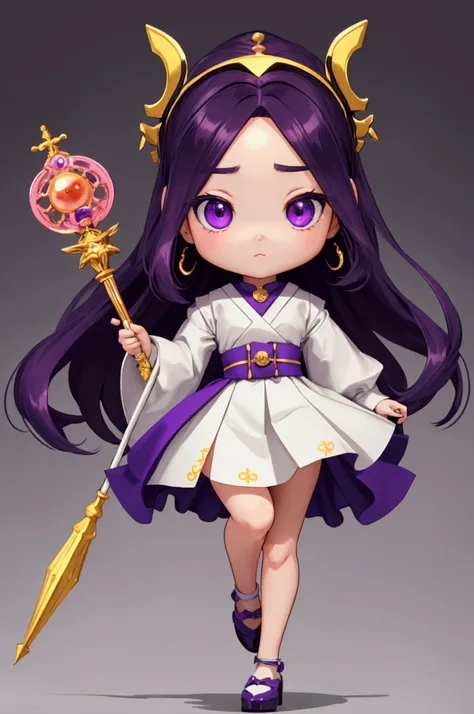 Q version three head body big head doll ，Show your legs，Big head and small body，doll ，Pop Mart， Female mage purple with white border running holding a staff，Cute HD Beautiful pose ，--niji 6