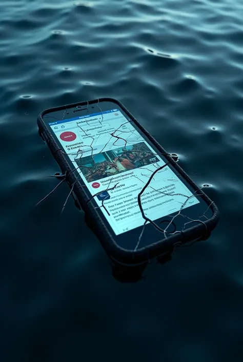  cracked phone with the words showing cracked "HAV" fade appearance, tear drop type, cold blood colour, Facebook page background showing activities and posts, reaching 500k followers. Dark blue background of the phone sinking in water, 3D 4k 2700p.