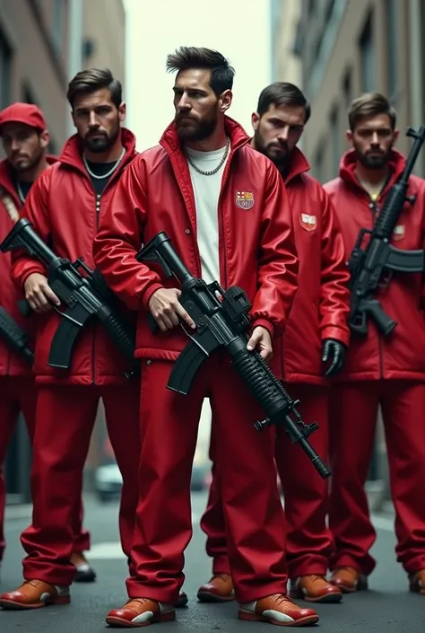 Messi is a gangster wearing red and white dress with a big gun with some men.They also wearing red and white  dress and big gun