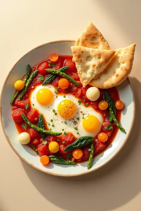 Please illustrate this dish for me: Poached eggs in a spiced tomato sauce with seasonal vegetables, served with pastel-colored pita bread and a creamy beige background