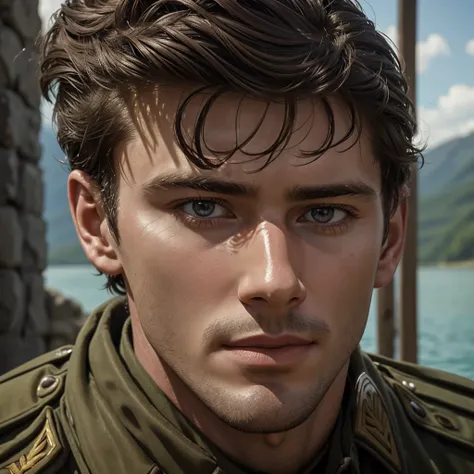 Close-up. Close-up for the viewer: - in a mountain lake, a handsome and brave aristocrat, a fair-haired young guy, a lieutenant of the Wehrmacht during World War II, completely naked, 2 with an aristocratic face. He has a big penis, erections and a boner, ...