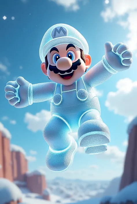 Video game Mario made of  ice, flying like Superman 