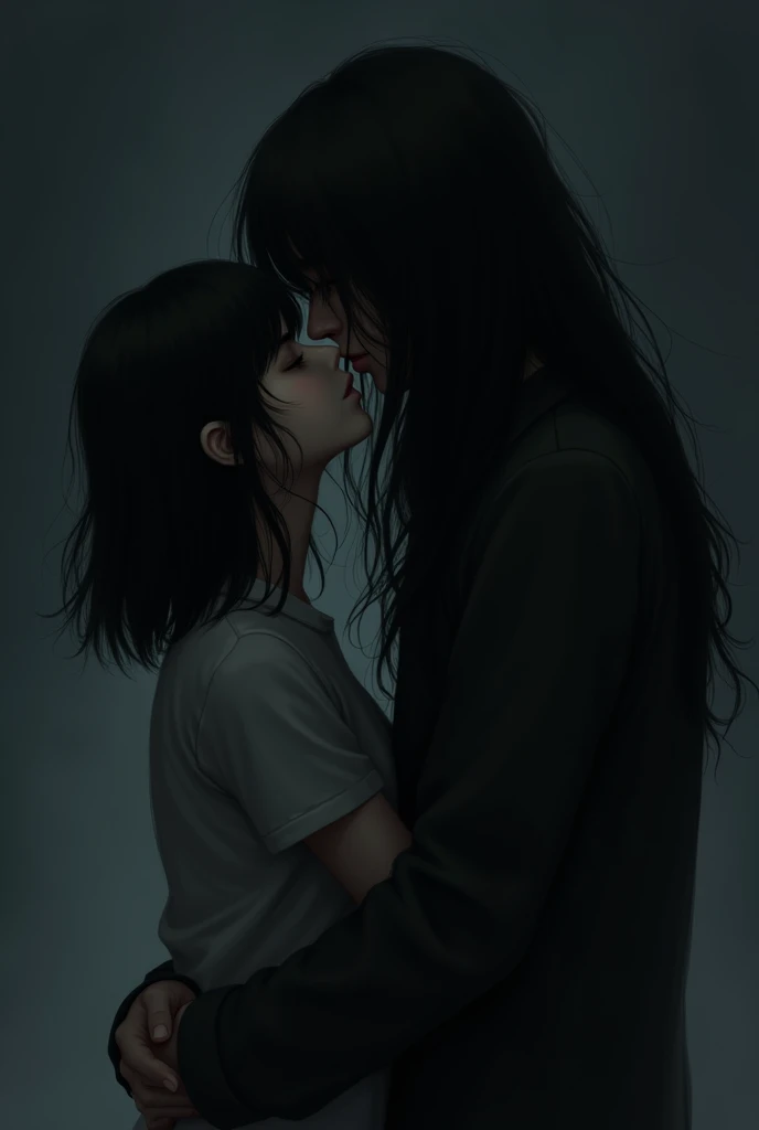 Make a dark-haired teenager with bangs and a tall faceless man and the two of them loving each other, he is dark-haired and the FACELESS man has long hair.
