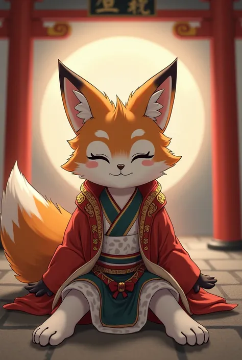 Fox ((furry human)) Super big breasts shrine , Shrine maiden costume  , sitting upright Active personality Leg spread  ,absurdres,hires,ultra detailed Always with eyes closed The body of an elementary school student except for the chest Add fox features to...