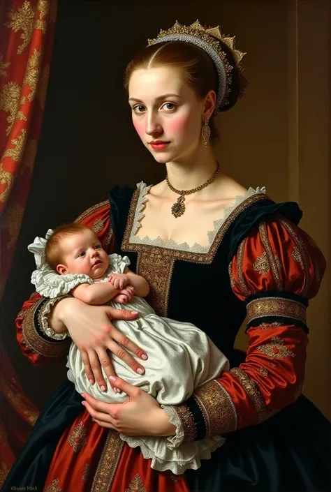 An oil painting of Anne Boleyn with baby elizabeth in her arms from The Tudors