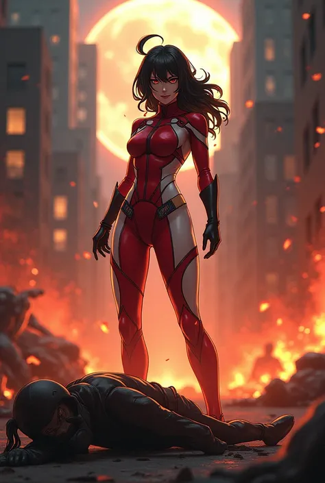 Anime style. Japanese dark haired female supervillain with fire powers and a red and white skintight costume is standing triumphantly over the body of a costumed hero. An evil smirk crosses her black lips. Evil wins, lots of dead bodies and destruction. 