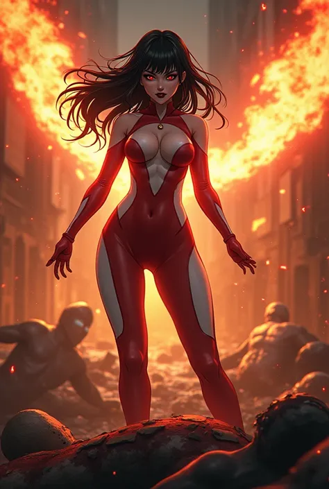 Anime style. Japanese dark haired female supervillain with fire powers and a red and white skintight costume is standing triumphantly over the body of a costumed hero. An evil smirk crosses her black lips. Evil wins, lots of dead bodies and destruction. 