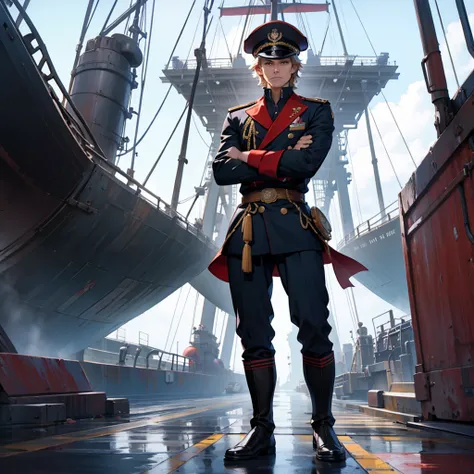 Ship captain seen full body with arms crossed