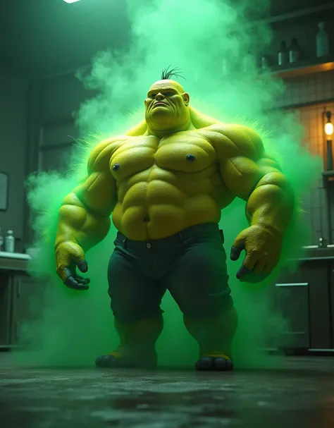 In the lab Minion Bob stands in the midst of the fading green smoke, His body transformed into a Hulk version but with glowing yellow skin and toned muscles. 