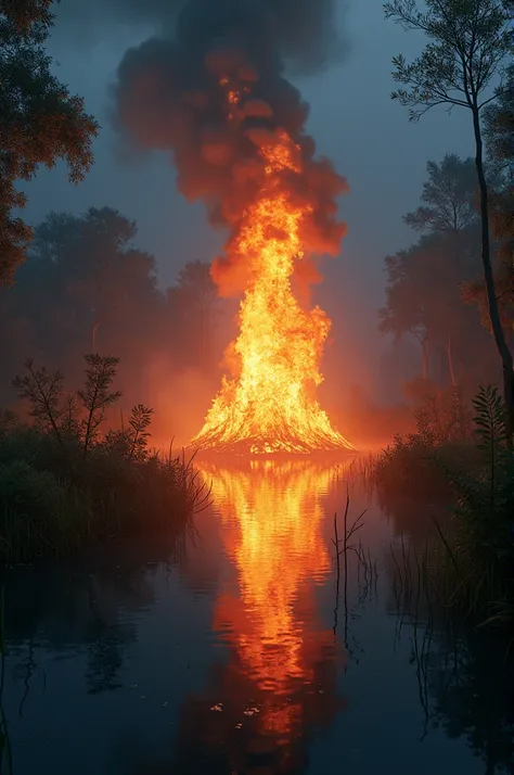 Realistic HD image of a paradisiacal moor of temperate waters in the darkness of the night being set on fire by a flame 