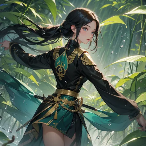 a beautiful woman black-haired female general holding a large sword in ancient Chinese general costume, the back is a lush green bamboo forest. the air after rain has water droplets splashing around.