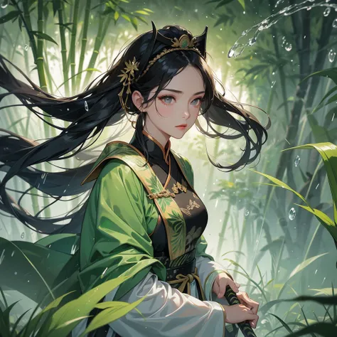 a beautiful woman black-haired female general holding a large sword in ancient Chinese general costume, the back is a lush green bamboo forest. the air after rain has water droplets splashing around.