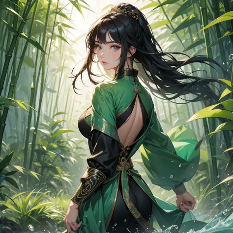 a beautiful woman black-haired female general holding a large sword in ancient Chinese general costume, the back is a lush green bamboo forest. the air after rain has water droplets splashing around.