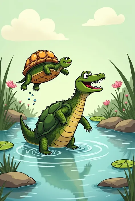 The tortoise jumps off the crocodiles back  in pond in 2d cartoon 