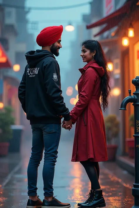 a20years punjabi boy sir pe lal coolar ki turban pero me jute black coolar ke or  hoodie pehan ke rakhi ho or hoodie pe  name likha ho poorav  ek pass me punjabi girl khadi ho hath pakad 
Rain  backgruand kbord pe name likha ho ,poorav and  or The name of ...