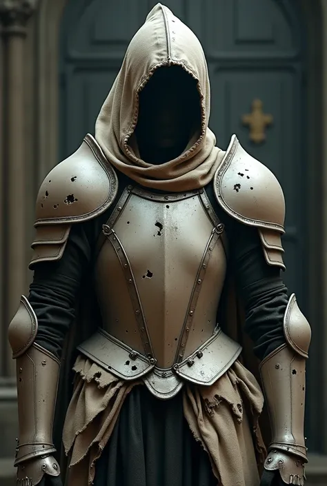 Design an armor called "Useless Defense". The armor must look like a remarkably poor piece of craftsmanship. The frame is flimsy and appears to have been made of low-quality materials, such as a combination of thin metal and torn fabric. The armor plates a...