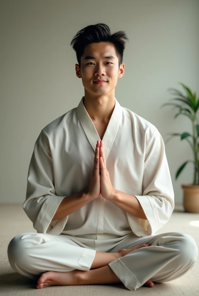 An Asian man，Young handsome，Facing the camera，A peaceful and calm smile。 A Zen-like and peaceful practice