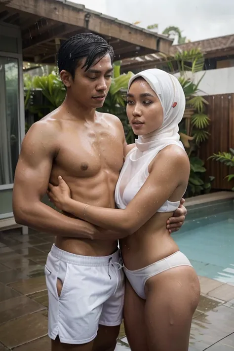 A young Indonesian husband and wife, 2, were relaxing and playing in the rain in the swimming pool behind the cafe. The man had a tattoo on his chest and white sports shorts. The naked woman wears a hijab with dark brown skin, big chest, the man squeezes t...