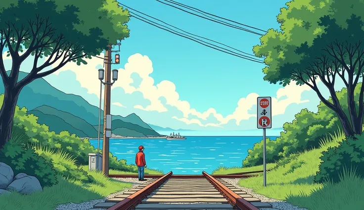 illustrated by hergé, style of tin tin comics, pen and ink., beautiful colors, attention to detail, blue, green and teal. Cinematic.Stylish.Light and shadow.Railroad crossing.The sea. Japanese summer scenery.