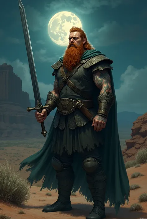 An irish man with keltik tatto on his biceps,he has red french cut beard and red curly hair,he hold a long sword in his hand and he stand on Arizona dessert at night