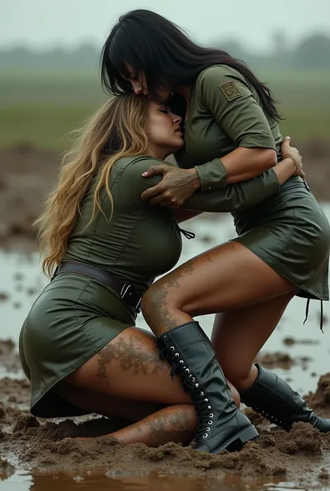 An intense mud wrestling match between two female soldiers. Girl 1: Denise Milani, voluptuous, Busty, curvy, biker babe with straight jet-black hair, thick thighs, muscular physique, huge breasts, shirt torn open, clothes ripped apart terrified, beaten, de...