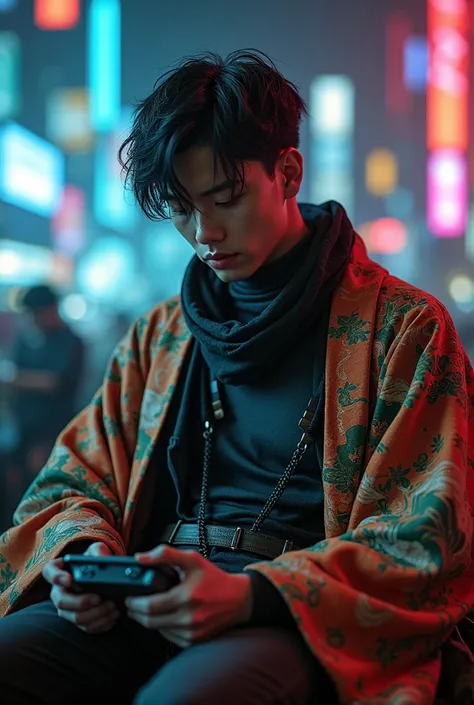 Male Character with cyberpunk outfit and kimono of sloth playing video games